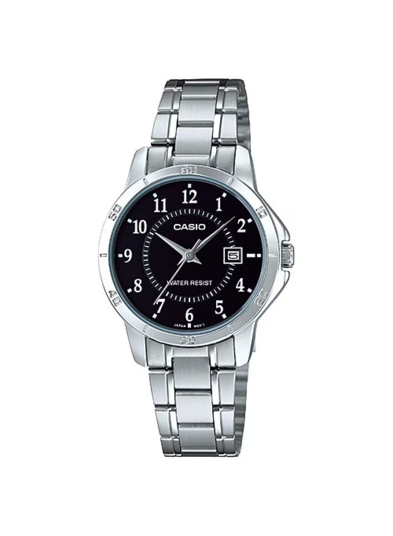 CASIO Analog Women’s Watch LTP‑V004D‑1BUDF, 35.2 mm Black Dial, Stainless Steel Case, Silver Stainless Steel Band, Water Resistant - Image 1
