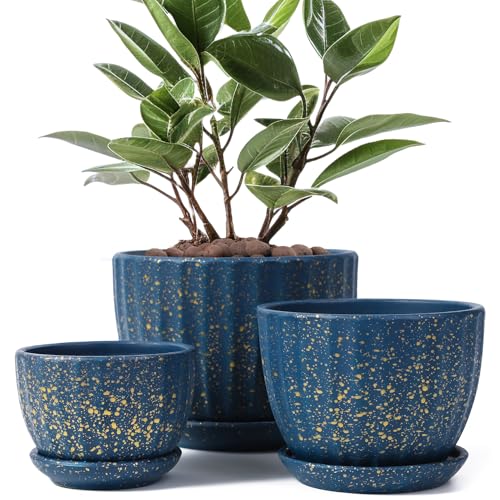 STHIE Ceramic Plant Pots with Drainage Holes and Saucers, Round Blue Flower Pots for Indoor Plant, Diameter 3.3/4.3/5.5 Inches Small Mini Flower Planters Set of 3 - Image 1