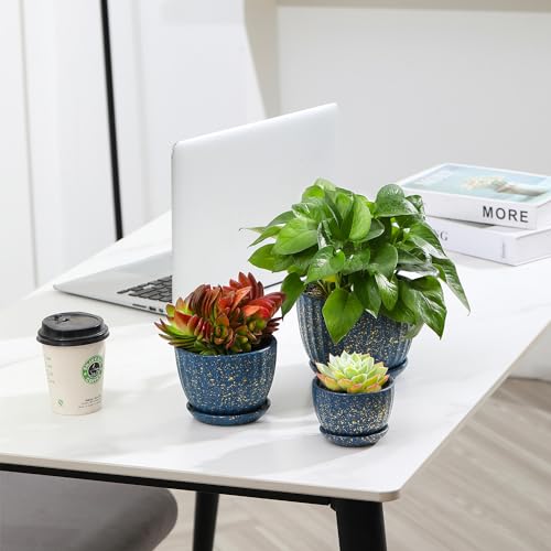 STHIE Ceramic Plant Pots with Drainage Holes and Saucers, Round Blue Flower Pots for Indoor Plant, Diameter 3.3/4.3/5.5 Inches Small Mini Flower Planters Set of 3 - Image 4