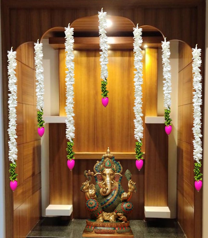 KAAS Fabric White Gajra Jasmine Flower Garland Lotus ladi Strings for Ganpati Wedding Decorations Event Decor Diwali PoojaTempleMandir 7 Strings 25 ft 4 Pieces 15 ft 3 Pieces - Image 1