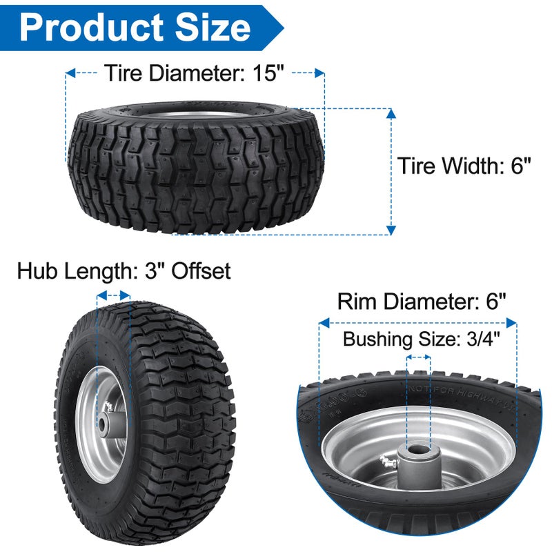 phepetroll 15x6.00-6nhs Lawn Mower Front Tire 4 Ply 15x6x6 Lawn Mower 570 Lbs Tire and Wheel with 3/4" Iron Bushing and 12 Spacers, Replacement for Garden Lawn Tractor Riding Lawn Mowers, 2 Pack - Image 2