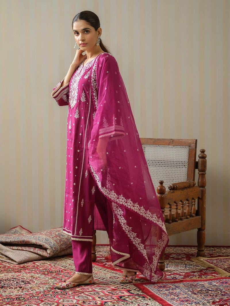 Kaari Women's Embroidered Kurti Set with Dupatta | Ethnic Suits with Embellished Dupatta | Everyday and Festive Kurti Set for Women|Wine|L - Image 4