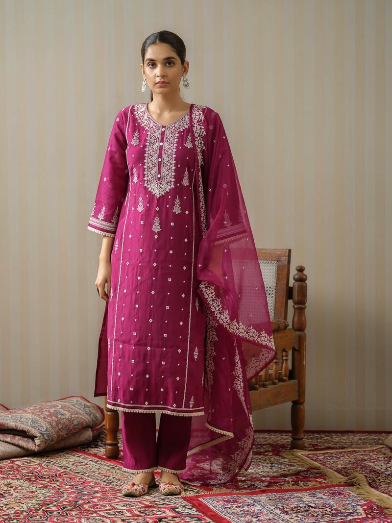 Kaari Women's Embroidered Kurti Set with Dupatta | Ethnic Suits with Embellished Dupatta | Everyday and Festive Kurti Set for Women|Wine|L - Image 2