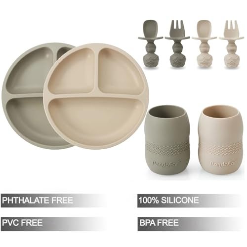 PandaEar Silicone Baby Feeding Set 2 Pack Silicone Divided Suction Plate and 2 Pack Tiny Cup with 2 Spoons 2 Forks Baby Led Weaning Supplies Self Feeding Eating Utensils Light TanWalnut - Image 3