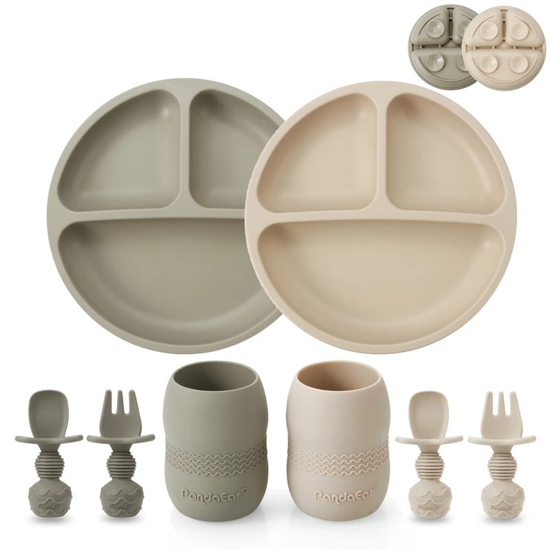 PandaEar Silicone Baby Feeding Set 2 Pack Silicone Divided Suction Plate and 2 Pack Tiny Cup with 2 Spoons 2 Forks Baby Led Weaning Supplies Self Feeding Eating Utensils Light TanWalnut - Image 2