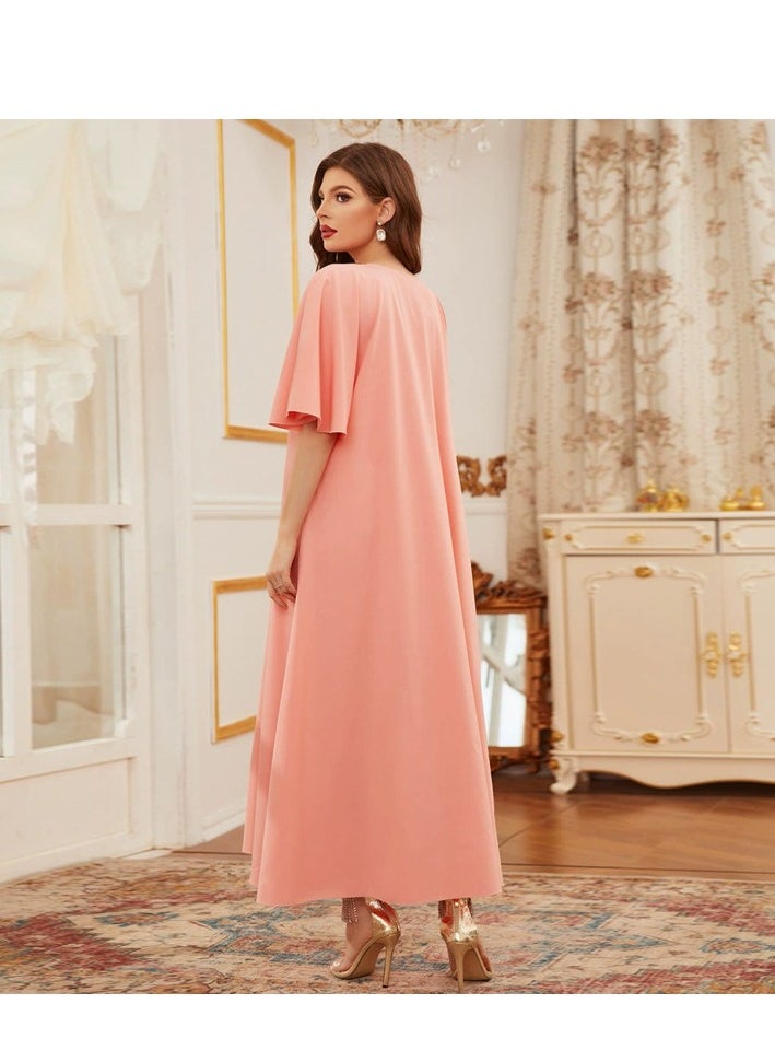 ShineShe Jalabiya Pink Lotus Sleeve Loose Waist Embroidered Dress, Shineshe Abaya  - Image 3