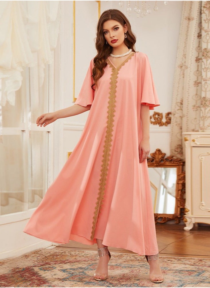 ShineShe Jalabiya Pink Lotus Sleeve Loose Waist Embroidered Dress, Shineshe Abaya  - Image 1