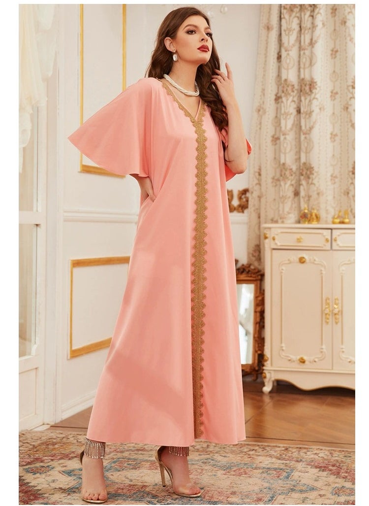 ShineShe Jalabiya Pink Lotus Sleeve Loose Waist Embroidered Dress, Shineshe Abaya  - Image 2