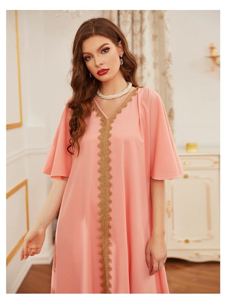 ShineShe Jalabiya Pink Lotus Sleeve Loose Waist Embroidered Dress, Shineshe Abaya  - Image 4