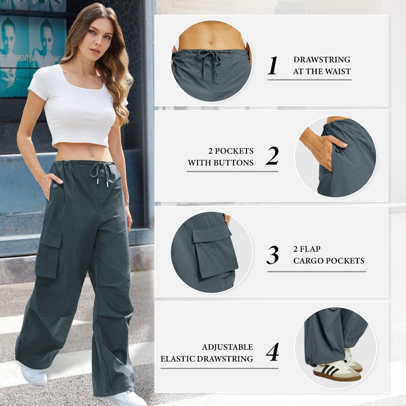 COPYLEAF Cargo Pants Women Low Waisted Parachute Pants with Pockets Loose Baggy Hiking Pants Y2K Clothes Dark Grey - Image 5