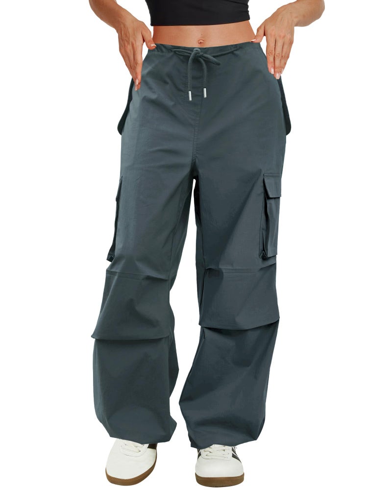 COPYLEAF Cargo Pants Women Low Waisted Parachute Pants with Pockets Loose Baggy Hiking Pants Y2K Clothes Dark Grey - Image 1