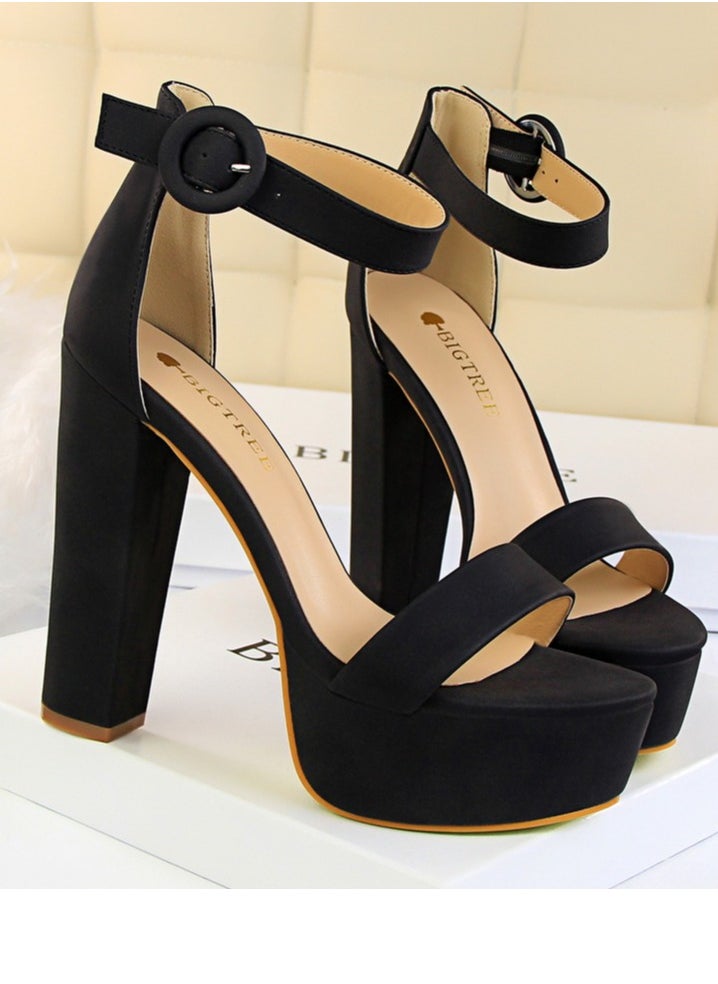 BIGTREE Women's Thick Heeled High Heels With Waterproof Platform Open Toe Chunky Heel Sandals Shoes With Adjustable Buckle Black  - Image 2