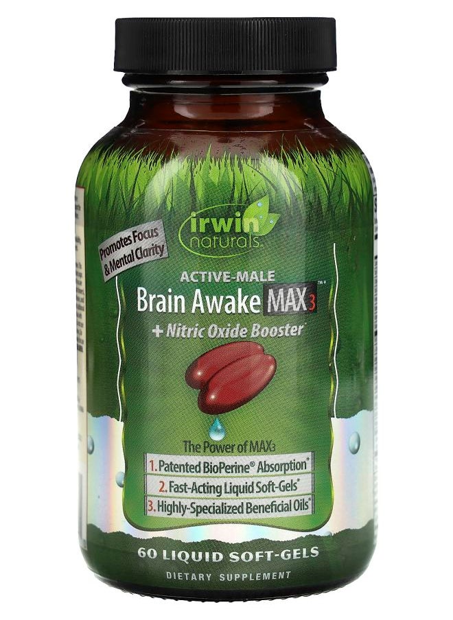 Irwin Naturals Active-Male Brain Awake Max 3 + Nitric Oxide Booster 60 Liquid Soft-Gels 