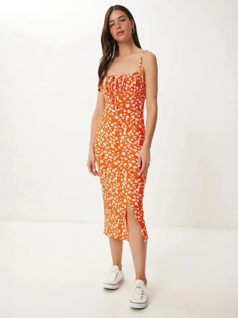 السعادة في إسطنبول ISTANBUL Floral Ribbed Bodycon Midi Dress with Slit