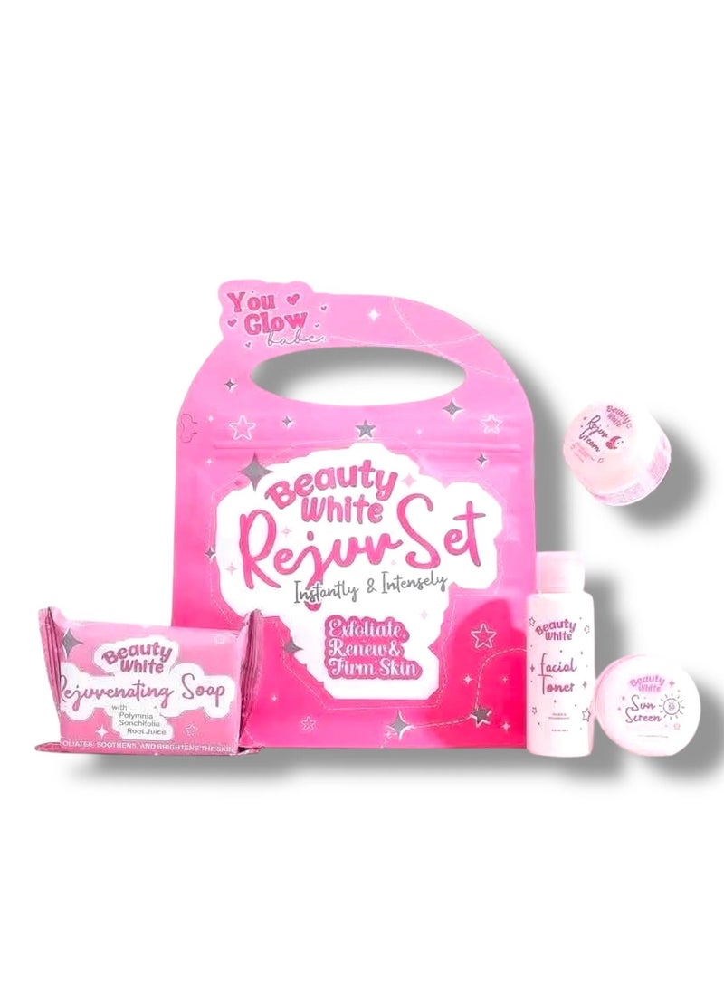 You Glow Babe Beauty White Rejuvenating Set – Includes 135g Soap, 60ml Facial Toner, 10g Rejuvenating Cream & 10g Sunscreen for Exfoliation, Renewal & Brightening 