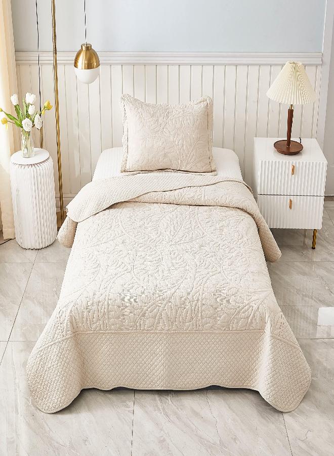 MarCielo MarCielo 2-Piece 100% Cotton Twin Quilt Set Embroidered Quilted Bedding Bedspread Set (Natural Beige, Twin)  - Image 1