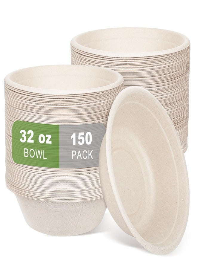 ALEXPRE Large Disposable Paper Bowls-32oz for Hot Soup,150 Pack Eco-Friendly, Compostable Bagasse Disposable Heavy Duty Biodegradable Bowls Bulk for Hot Food, Salad, Milk Cereals - Image 1
