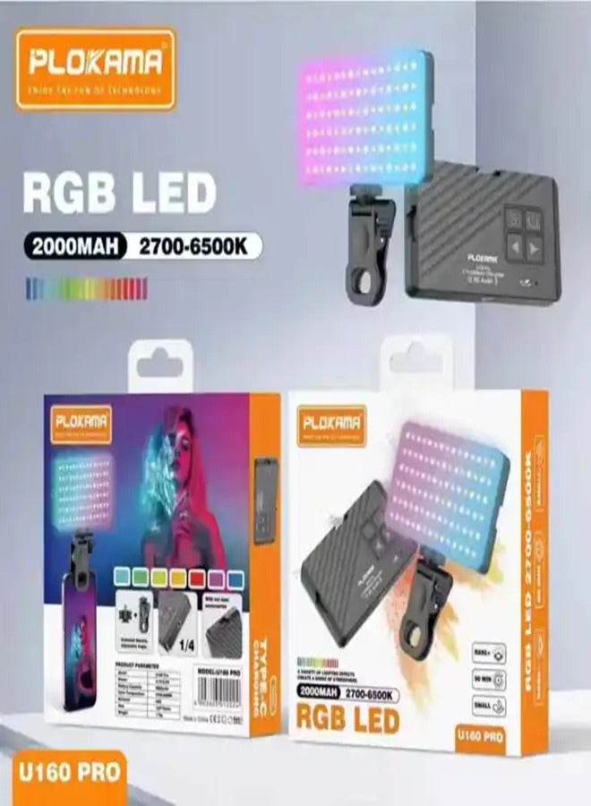 التخطيط مصباح فيديو U160 برو RGB، لوحة إضاءة LED محمولة للكاميرا، ألوان كاملة من 0 إلى 360 درجة، مؤشر تجسيد اللون 95+، نطاق درجة حرارة اللون من 2500 كلفن إلى 9000 كلفن، 20 تأثير إضاءة قابل للتعديل، بطارية LED قابلة للشحن 3100 مللي أمبير، مثالية للتصوير الفوتوغرافي، ومؤتمرات الفيديو، وتطبيقات TikTok. - Image 1