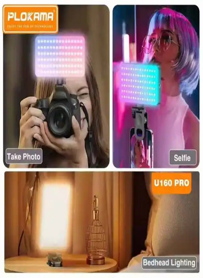 التخطيط مصباح فيديو U160 برو RGB، لوحة إضاءة LED محمولة للكاميرا، ألوان كاملة من 0 إلى 360 درجة، مؤشر تجسيد اللون 95+، نطاق درجة حرارة اللون من 2500 كلفن إلى 9000 كلفن، 20 تأثير إضاءة قابل للتعديل، بطارية LED قابلة للشحن 3100 مللي أمبير، مثالية للتصوير الفوتوغرافي، ومؤتمرات الفيديو، وتطبيقات TikTok. - Image 2