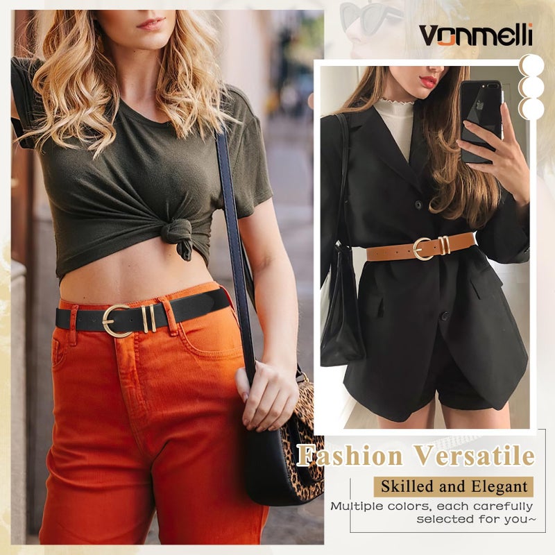 VONMELLI 2 Pack Women's Leather Belts for Jeans Pants Fashion Gold Buckle Ladies Belt Black Brown M - Image 3