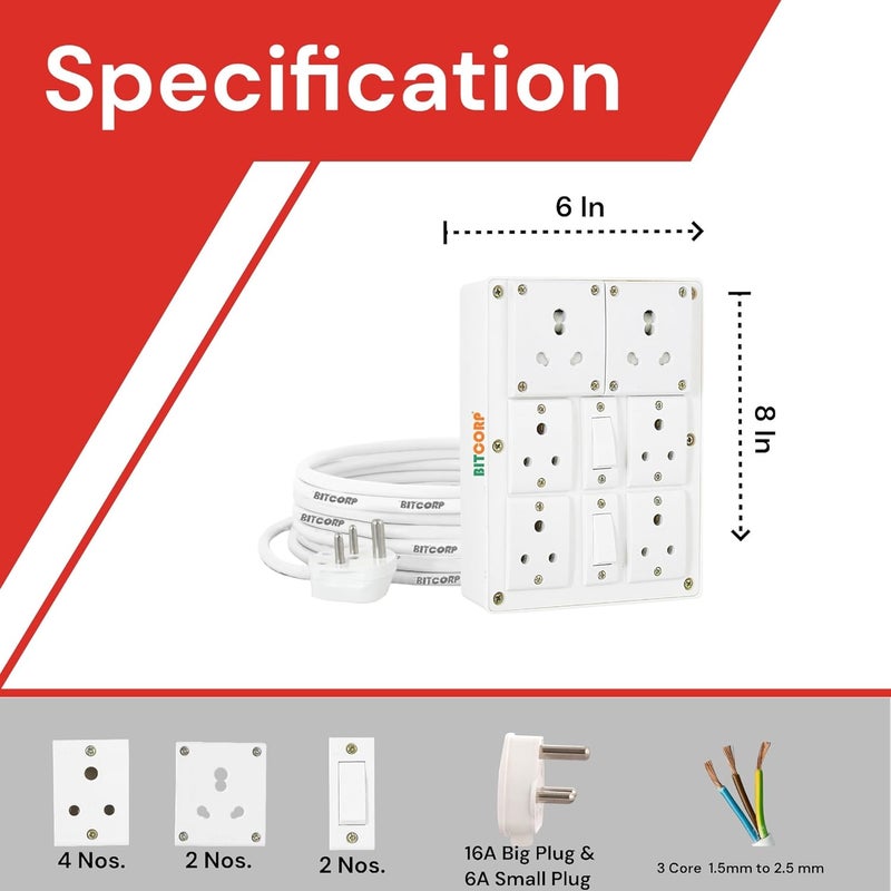 BITCORP Bitcorp Extension Cord 6A 16A 20A for Multiple Small and Heavy Duty Appliances 6 Way Multi Outlet 3 Pin Plug 2 Switch 2500W Spike Guard Power Strip with 5 Meter Long Cable Cord White  - Image 3