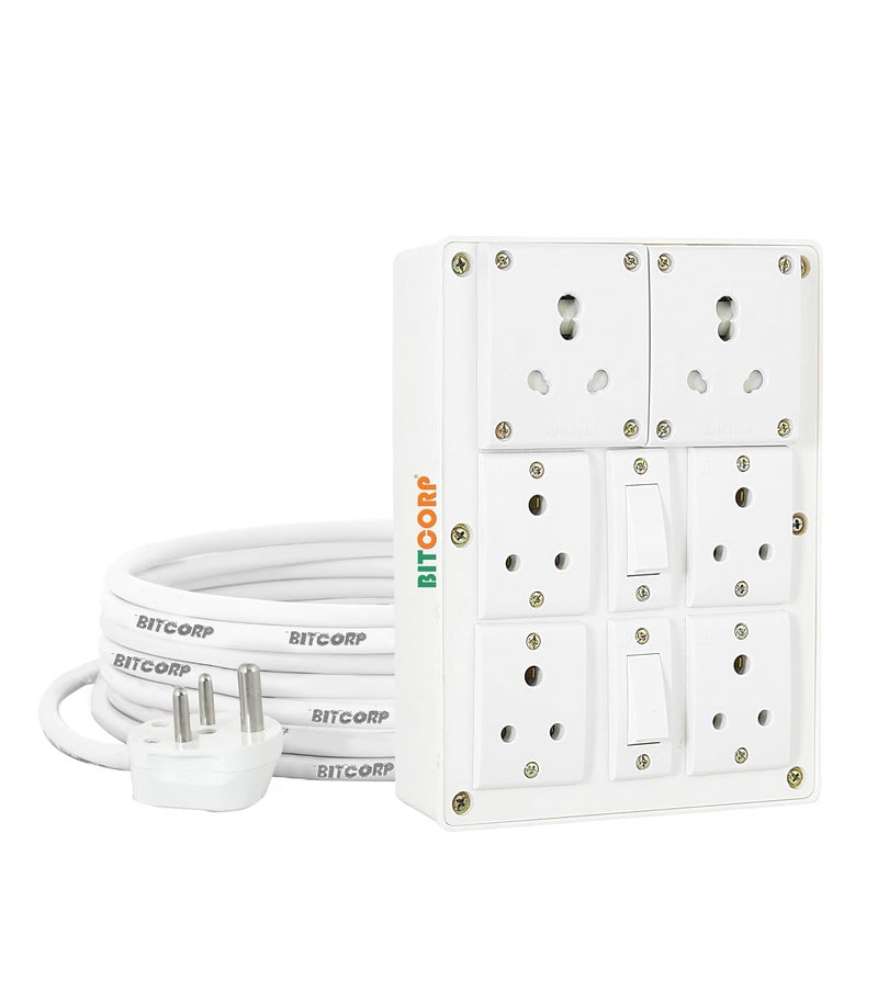 BITCORP Bitcorp Extension Cord 6A 16A 20A for Multiple Small and Heavy Duty Appliances 6 Way Multi Outlet 3 Pin Plug 2 Switch 2500W Spike Guard Power Strip with 5 Meter Long Cable Cord White  - Image 1