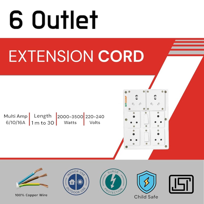 BITCORP Bitcorp Extension Cord 6A 16A 20A for Multiple Small and Heavy Duty Appliances 6 Way Multi Outlet 3 Pin Plug 2 Switch 2500W Spike Guard Power Strip with 5 Meter Long Cable Cord White  - Image 2