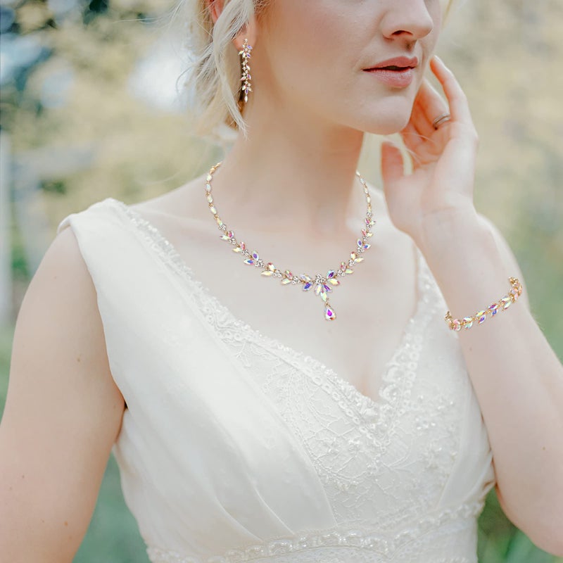 EVER FAITH Austrian Crystal Bridal Bridesmaid Jewelry Sets, Elegant Marquise Rhinestone Leaf Necklace Dangle Earrings Tennis Bracelet Set Iridescent AB Gold-Plated-Base - Image 2