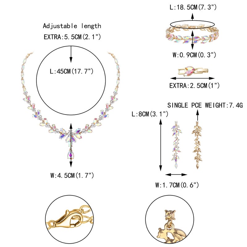 EVER FAITH Austrian Crystal Bridal Bridesmaid Jewelry Sets, Elegant Marquise Rhinestone Leaf Necklace Dangle Earrings Tennis Bracelet Set Iridescent AB Gold-Plated-Base - Image 5