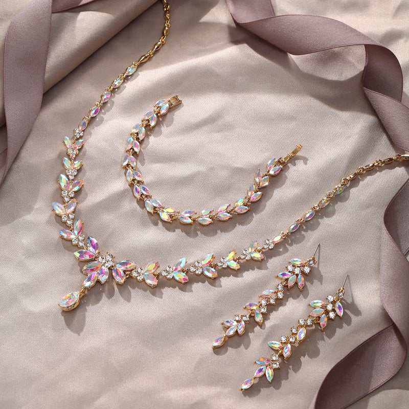 EVER FAITH Austrian Crystal Bridal Bridesmaid Jewelry Sets, Elegant Marquise Rhinestone Leaf Necklace Dangle Earrings Tennis Bracelet Set Iridescent AB Gold-Plated-Base - Image 4