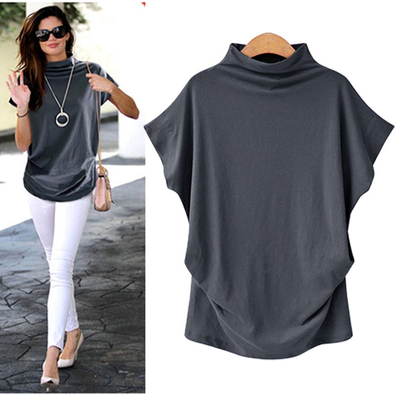 Cross-border European and American plus size women's turtleneck tops WISH turtleneck T-sleeve short-sleeved t-shirt women's factory wholesale Khaki XL - Image 5