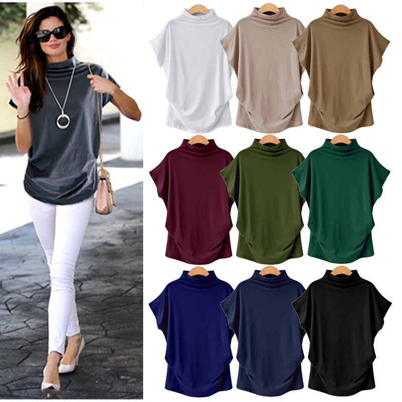 Cross-border European and American plus size women's turtleneck tops WISH turtleneck T-sleeve short-sleeved t-shirt women's factory wholesale Khaki XL - Image 2