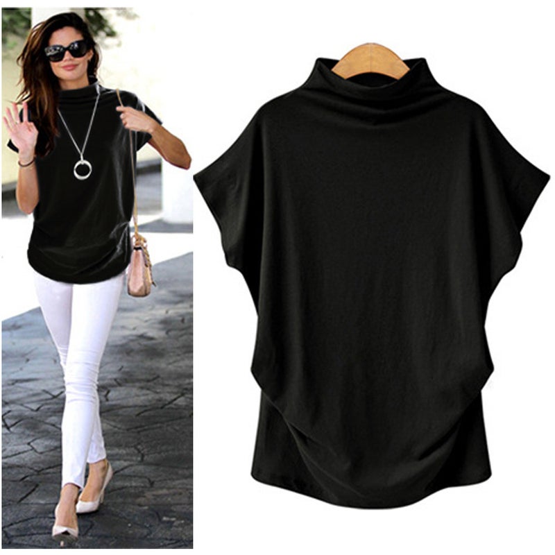 Cross-border European and American plus size women's turtleneck tops WISH turtleneck T-sleeve short-sleeved t-shirt women's factory wholesale Khaki XL - Image 3