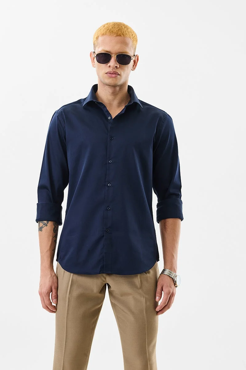 سنيتش Navy Solid Long Sleeve Slim Fit Formal Shirt