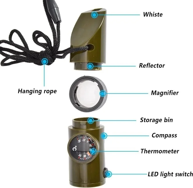BarkoFix Multifunctional Whistle with Flashlight, Compass, Magnifying Glass, Military Whistle, Compass, Thermometer, LED Light