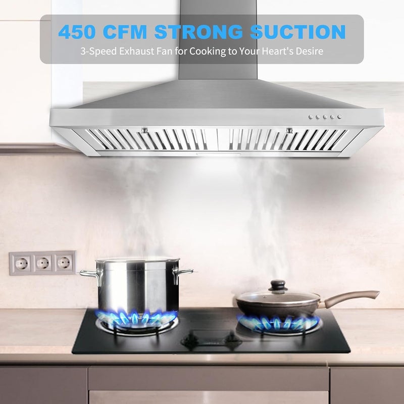TIMEASY Range Hood, Range Hoods 30 inch Stainless Steel, 450 CFM Kitchen Hood with LED Light Baffle Filters, 3 Speed Exhaust Fan Vent Hood - Image 3