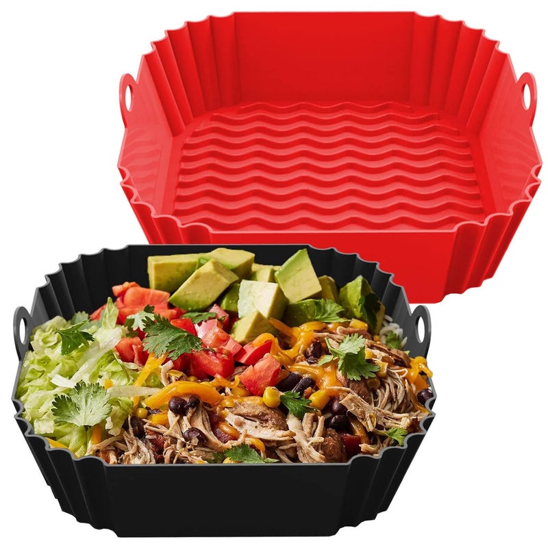 FROVEN Air Fryer Silicone Liners 8.5 inch 2 Pack Square Reusable Pot for 4 to 7 QT Basket Heat Resistant Easy Cleaning Non Stick Non Flammable Microwave Inserts Oven Airfryer Accessories, Red & Black - Image 1