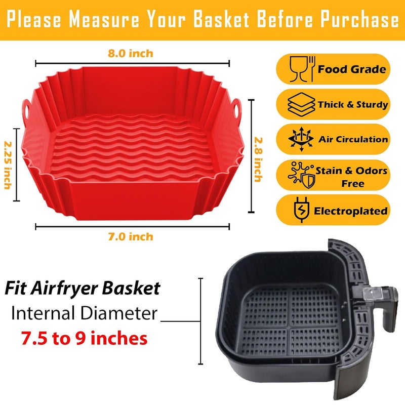 FROVEN Air Fryer Silicone Liners 8.5 inch 2 Pack Square Reusable Pot for 4 to 7 QT Basket Heat Resistant Easy Cleaning Non Stick Non Flammable Microwave Inserts Oven Airfryer Accessories, Red & Black - Image 2