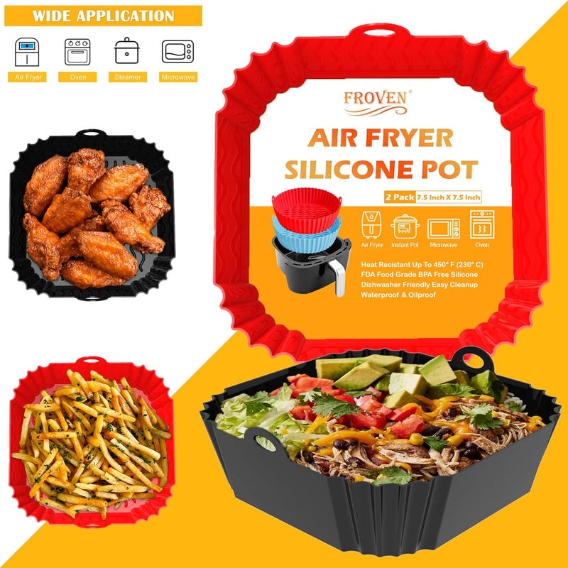 FROVEN Air Fryer Silicone Liners 8.5 inch 2 Pack Square Reusable Pot for 4 to 7 QT Basket Heat Resistant Easy Cleaning Non Stick Non Flammable Microwave Inserts Oven Airfryer Accessories, Red & Black - Image 4