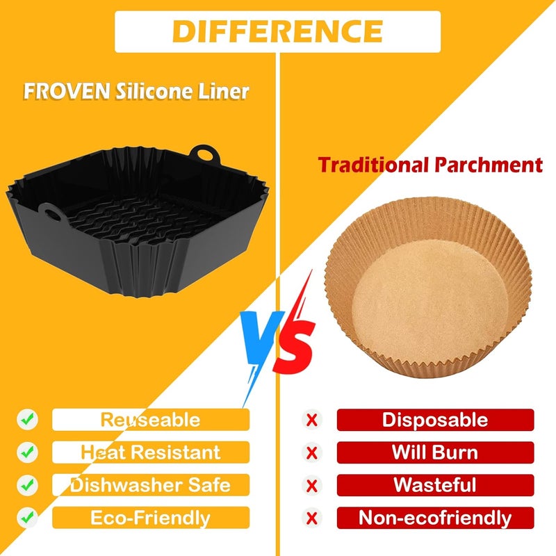 FROVEN Air Fryer Silicone Liners 8.5 inch 2 Pack Square Reusable Pot for 4 to 7 QT Basket Heat Resistant Easy Cleaning Non Stick Non Flammable Microwave Inserts Oven Airfryer Accessories, Red & Black - Image 5