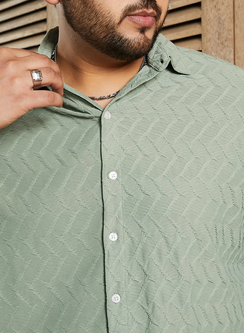 Instafab Plus Instafab Plus Men's Mint Green Herringbone-Tactile Shirt For Casual Wear | Spread Collar | Long Cuffed Sleeves | Button Closure | Plus Size Shirt Crafted With Comfort Fit For Everyday Wear