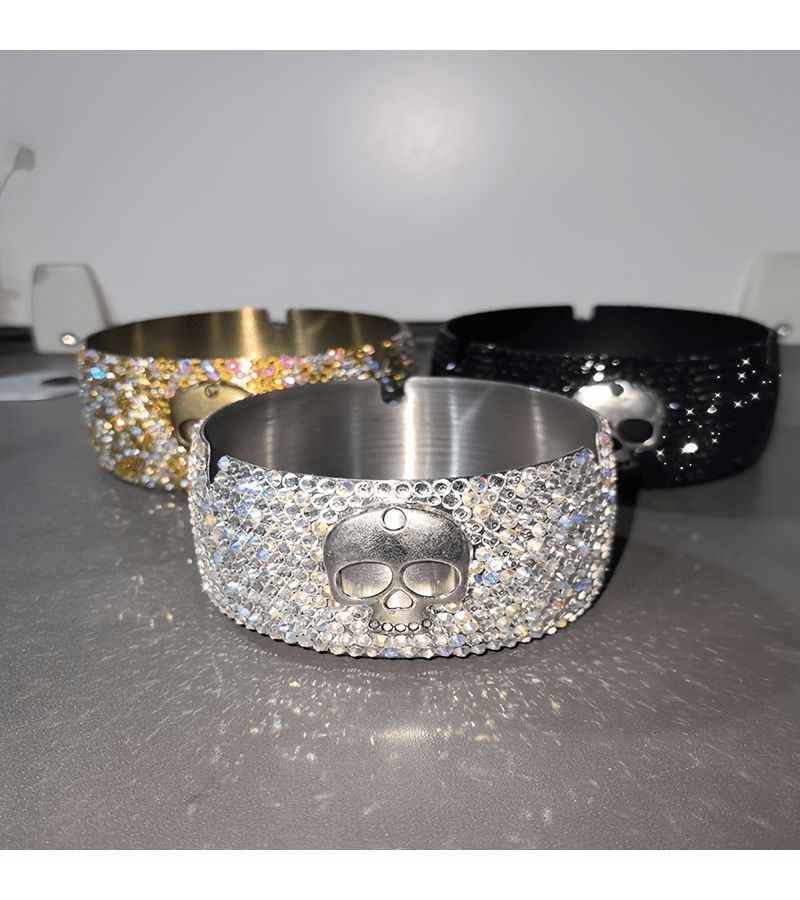 Silvery Luxury Diamond Encrusted Skull Ashtray Stainless Steel Halloween Decoration - Image 2