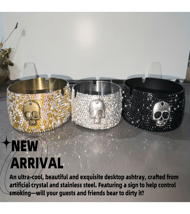 Silvery Luxury Diamond Encrusted Skull Ashtray Stainless Steel Halloween Decoration - Image 1
