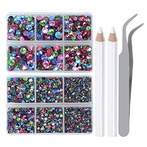 LPBeads 6400 Pieces Hotfix Rhinestones Mixed Color Flat Back 5 Mixed Sizes Crystal Round Glass Gems with Tweezers and Picking Rhinestones Pen - Image 1