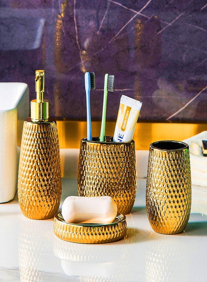 BASDHE Gold Bathroom Accessory Set 4 Piece Ceramic Bath Accessories Sets Complete, Rain- Drop Shaped Bathroom Essential with Toothbrush Holder & Dish, Tumbler, Soap Dispenser Set for Bath Decor - Image 2