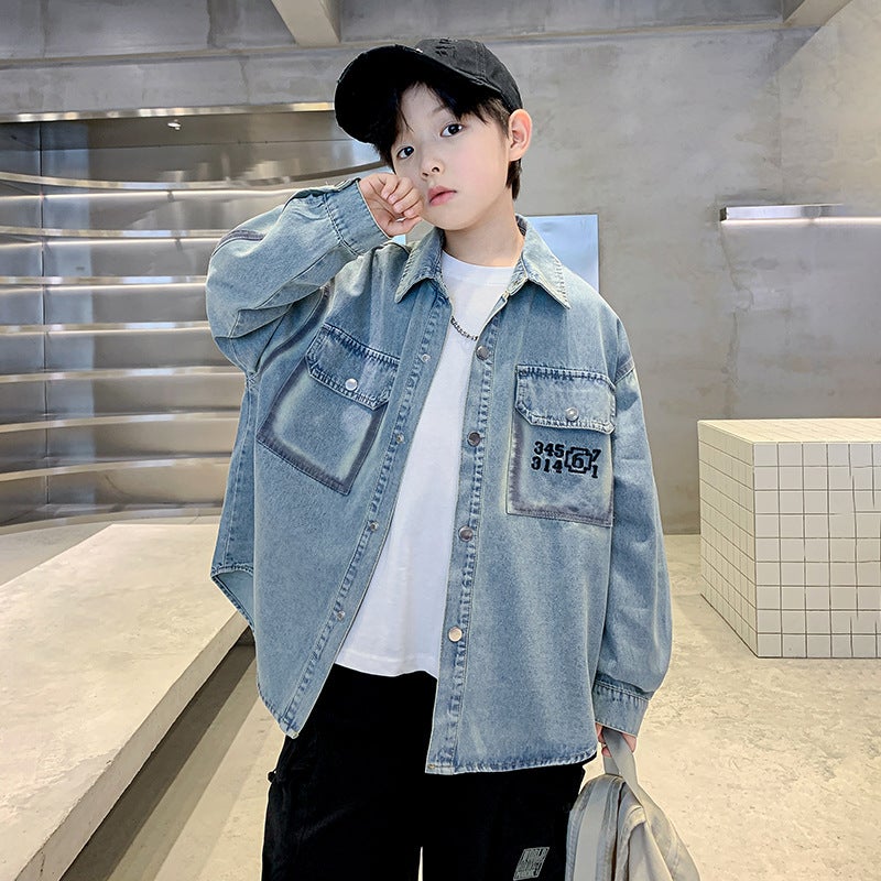 Boys spring Denim shirt coat 2025 new childrens western style casual jacket windbreaker spring and autumn handsome Blue 