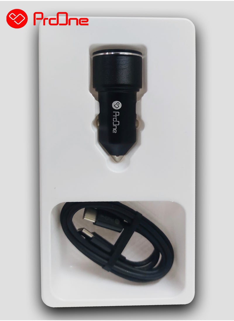 برو واحد شاحن السيارة السريع ProOne PCG30 بقوة 52.5 واط – بمنفذي USB-A (22.5 واط) وType-C (30 واط) مع كابل Type-C إلى Type-C.  - Image 2