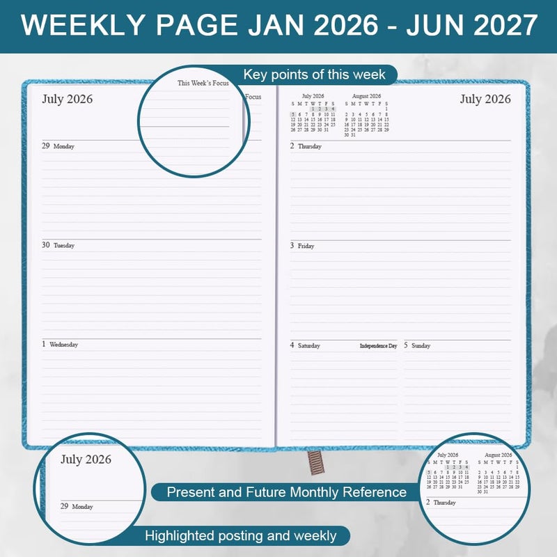 Nokingo 2026-2027 Planner - Weekly & Monthly Planner Runs from January 2026 to June 2027, 5.8" x 8.25", 18 Month Planners, 14 Notes Pages, Inner Pocket, PU Leather Hard Cover, Teal Monthly Planners 2026-2027 - Image 3