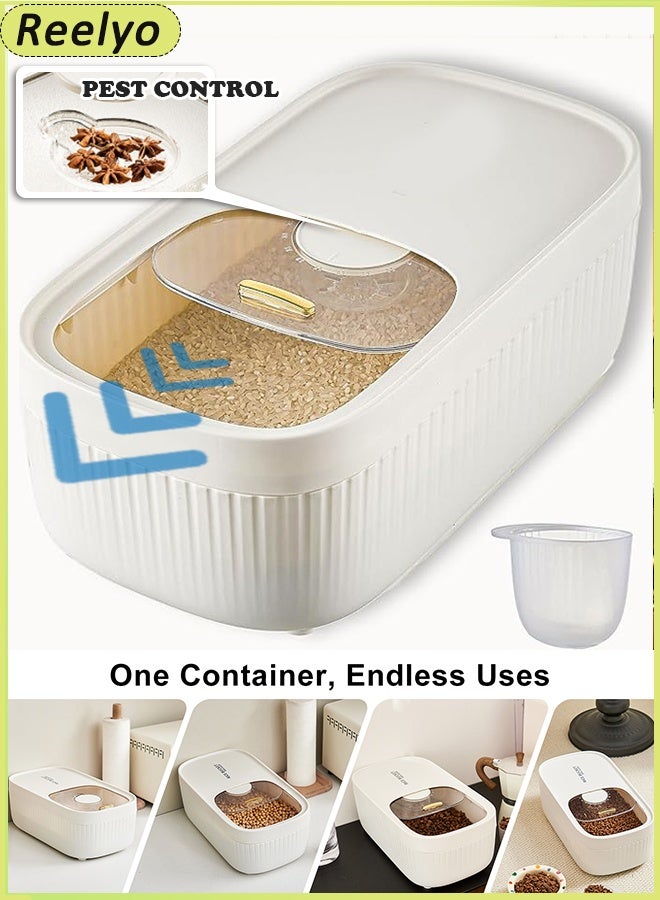 Reelyo 6kg Rice Container, Clear Rice Storage Bin Cereal Containers Dispenser, Airtight Large Grain Container Storage With Lid Measuring Cylinder Small Size Low-Profile Narrow Space Moisture Proof Household Cereal Dispenser Bucket For Kitchen Pantry Organization Soybean Corn, White - Image 1