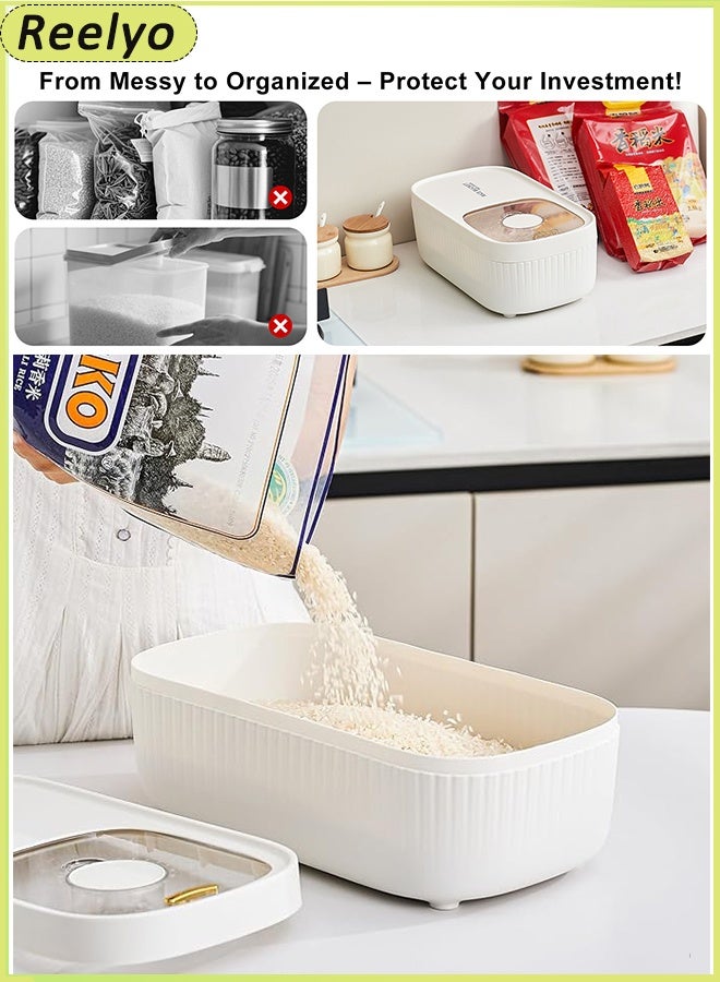 Reelyo 6kg Rice Container, Clear Rice Storage Bin Cereal Containers Dispenser, Airtight Large Grain Container Storage With Lid Measuring Cylinder Small Size Low-Profile Narrow Space Moisture Proof Household Cereal Dispenser Bucket For Kitchen Pantry Organization Soybean Corn, White - Image 3